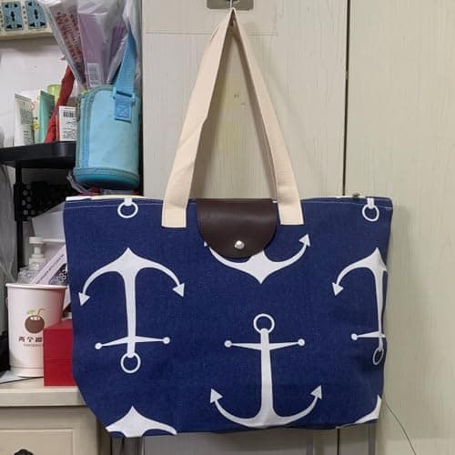 Surbootime Foldable shopping tote bag, reusable large shoulder zippered tote bag, suitable for women's casual travel, work, and supermarket shopping. Waterproof canvas, easy to carry (sea blue) — view 2
