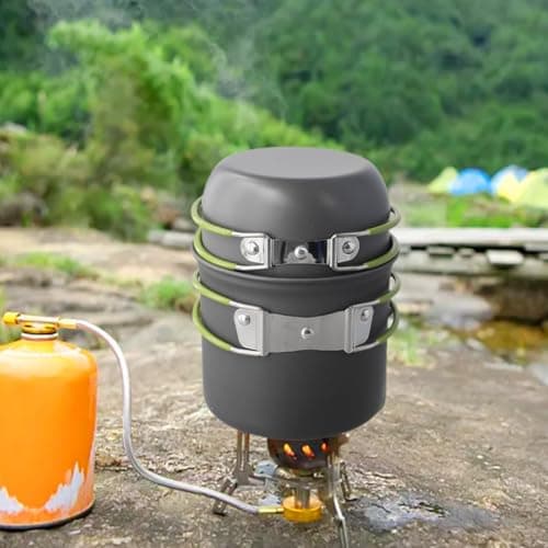 Camping Cookware Kit, Portable Camping Pot Set Outdoor Cooking Gear Aluminum Camping Cookware Foldable Handle Backpacking Cooking Pot Lightweight Camping Kitchen Set(Green handle) — view 3