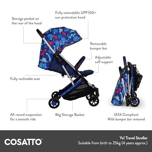 Cosatto Yo Travel Stroller - Baby Pushchair Lightweight Compact Fold from Birth to 25kg - Airline Compatible, One Hand Easy Fold, Large 8kg Shopping Basket, Raincover & Bumper Bar (Whisper) — view 6