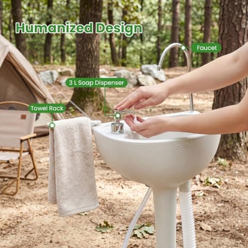 COSTWAY Portable Camping Sink, 17L Water Capacity Hand Wash Basin Stand with Towel Holder, Soap Dispenser and Rolling Wheels for Outdoor Events, Travel and Worksite (Without 24L Sewage Tank) — view 4