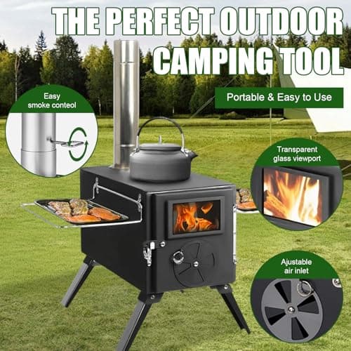 Qivine Portable Tent Camping Stove, Foldable Camping Wood Stove, Neat & Compact Hot Tent Stove with Chimney, No Smoke Leakage & Easy to Install for Camping Heating Cooking Ice Fishing — view 2