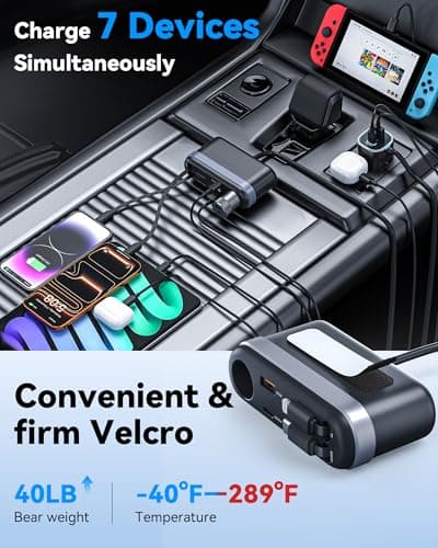 Estbuc 7-in-1 295W Retractable Car Charger Adapter, Fast Charging USB C Car Accessories with Cigarette Lighter Splitter, 45W Type-C & 30W Lightning Cables,4 USB Ports, Road Trip Tech Gifts for Men/Dad — view 4