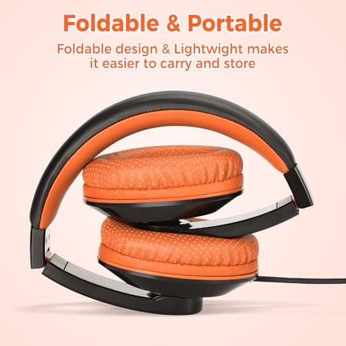 Rockpapa Comfort+ Kids Headphones, Over Ear Wired Headphones for Kids Children Adult with Microphone, Stereo Sound, Adjustable Head phones for School/Travel/Phone/PC/MP3-Black Orange — view 2
