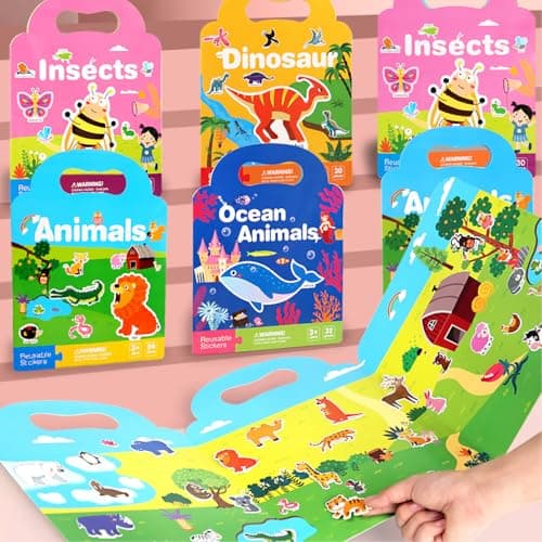 Acuiwer Reusable Sticker Books 4 Pack, Animals Insects Sticker Book with 3D Puffly Waterproof Reusable Stickers Books for Kids 3+ Kids Travel Activity Packs — view 3