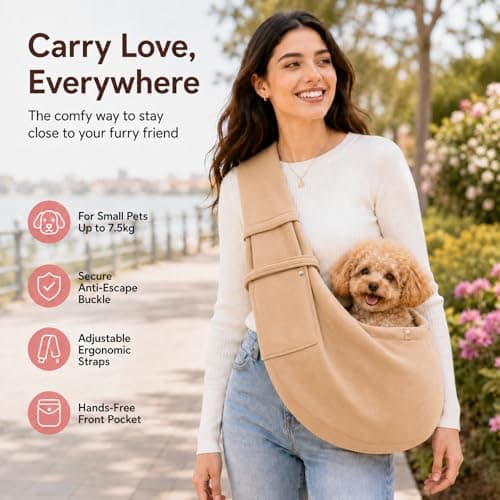 Beige Dog Sling Carrier for Small Pets up to 7.5kg - Adjustable Hands-Free Shoulder Bag with Ergonomic Strap, Secure Clip, Front Zipper Pocket for Comfortable Travel, Outdoor Walks — view 2