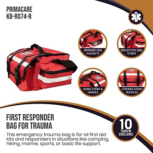 Primacare KB-RO74-R First Responder Bag for Trauma, Professional Multiple Compartment Kit Carrier for Emergency Medical Supplies, Red, 17 x 9 x 7 inches — view 2