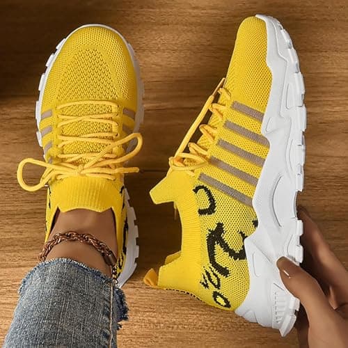 Sling Back Shoes Women Women Trainers Wide Fit Wedge Walking Sneakers Casual Fashion Non Slip Walking Shoes Lightweight Low Top Lace Up Orthopedic Trainer Arch Support Footwear Yellow 4.5 — view 3