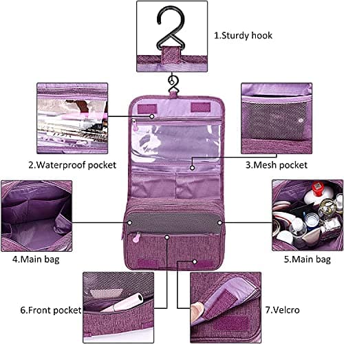 Acopton Portable Hanging Travel Toiletry Bag for Men and Womens Waterproof Bathrooom Shower Bag Multifunctional Cosmetic Makeup Organzier (Purple) — view 3