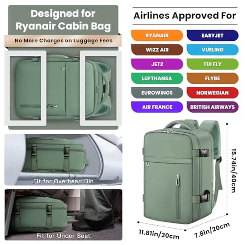 OTAHGK Cabin Bags 40×30×20 for Ryanair Underseat Carry-ons Travel Backpack Hand Luggage Bag Cabin Size 24L Flight Rucksack Casual Daypack School Office Backpack Fit 14 Inch Laptop-Green — view 2