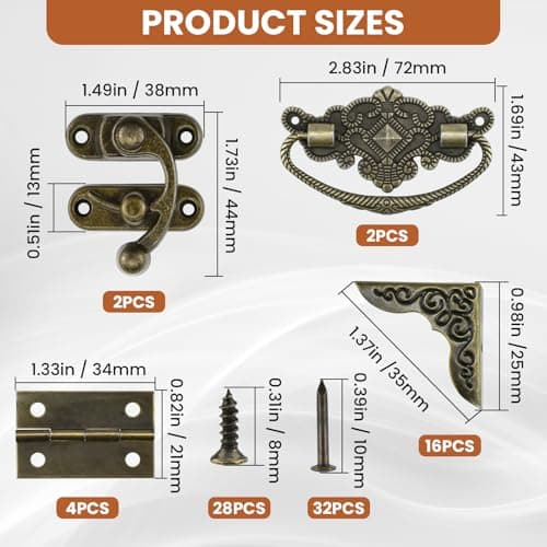 MARRTEUM 1 Set Jewelry Box Hinges Hasp Catch Corner Protector, Retro Engraved Decorative Hardware Kit with Screws for DIY Wooden Case Furniture Cabinet Suitcase Decoration Repairs (Antique Bronze) — view 2