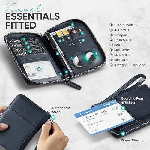 VULKIT Passport Holder Travel Wallet with AirTag Holder RFID Blocking Leather Document Airplane Holiday Essentials Organiser Bag — view 3