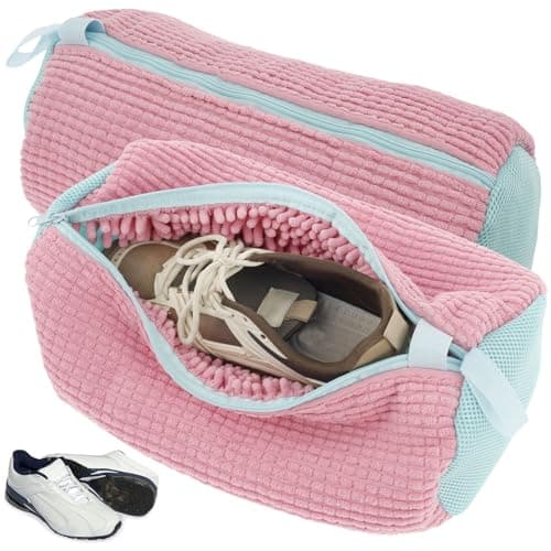 2Pcs Shoe Washing Machine Bag, Shoe Cleaning Bag with Zipper & Hook, Reusable Shoe Laundry Bag, Trainer Washing Machine Bag for Sneakers Canvas Tennis Running Shoes 39x19cm(Rose)