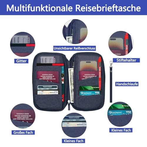 Passport Organiser with 8 Pockets, Waterproof Passport Cover, Travel Documents Organiser, Family Travel Organiser Documents for Flight Tickets, Money, Mobile Phone, Credit Cards, ID, Travel Documents — view 2