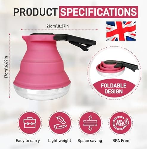 Heather UK Collapsible Kettle Camping Foldable Camping Kettles 1.5L Silicone and Aluminium Gas Stove Top Folding Portable Travel Kettle for Holiday Caravan Large Pink — view 3