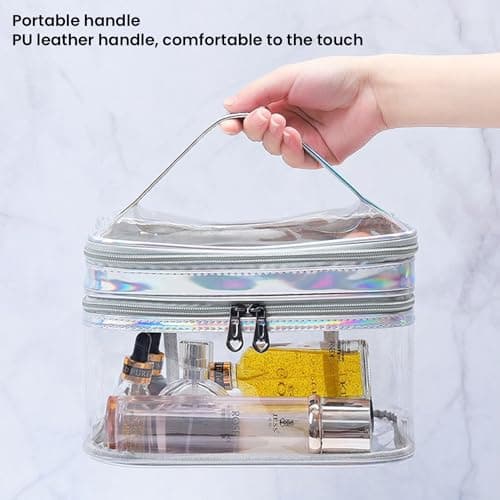 Clear Travel Toiletries Bag, Waterproof Toiletry Bags for Women and Men, Double- Layer Clear Makeup Bag with Handle,PVC Cosmetic Bag, Travel Accessories Wash Bag for Travel and Holiday (Silver) — view 6