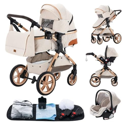 GLOKID 3 in 1 Prams Travel System, 0-4 Years, Foldable, Compact and Reclining Baby Pushchair, Aluminum Frame, Accessories, Nursery Bag、Cream