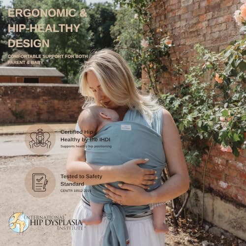 RYLOOBABY Baby Sling Carrier & Stretchy Baby Wrap – Newborn Baby Carrier 3.2–15 kg, Soft Cotton Hands-Free Babywearing Sling, Hip Healthy, One Size XXS–XXXL – Neutral Blue — view 3