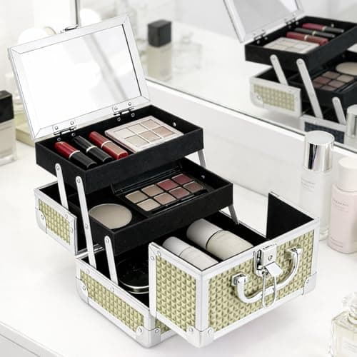 GREENSAPPIRE Makeup Box Vanity Case with Mirror – Lockable Cosmetic Organiser with 2 Trays, Portable Beauty Storage Case for Travel & Home, Rose Gold, 19.5 x 15 x 16 cm — view 2