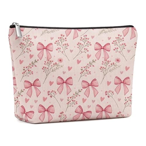 Pink Bow Make up Bag for Women Girls, Cute Coquette Makeup Bags with Zipper, Sweet Lovely Heart, Bow & Floral Preppy Makeup Pouch, Stylish Travel Toiletry Bag Gifts for Womens Teenage Girls