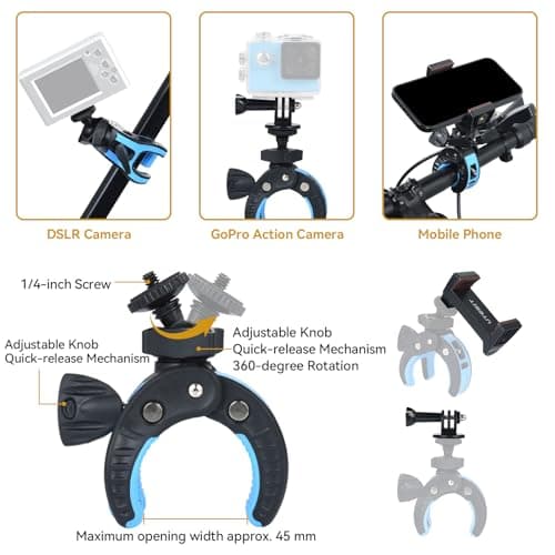UTEBIT Phone Holder Bike Max Opening 45mm Camera Clamp Mount with 1/4" Screw and Adapter Aluminium Alloy 3kg Load Capacity Super Clamp for Action, Cameras, DSLR Black&Green — view 3