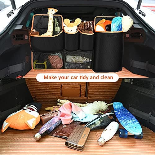 URAQT Car Boot Organiser Waterproof Kick Mats Seat Back Protectors, Travel Durable Foldable Multi-Pocket Children's Cargo Net Storage for Car Backseat Cover (100x45cm) — view 4