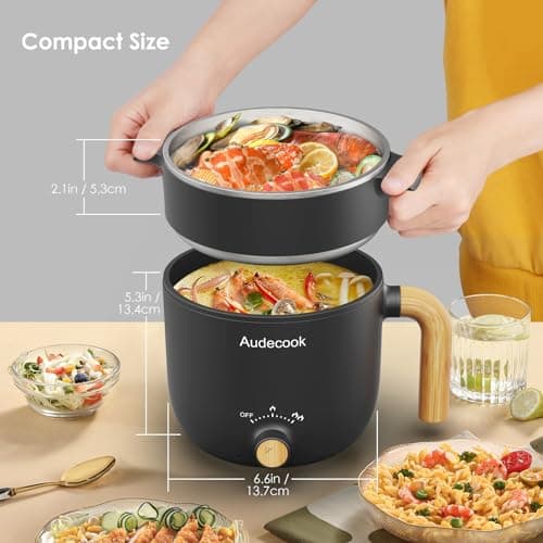 Audecook Electric Hot Pot with Steamer, 1.5L Portable Non-Stick Mini Multifunctional Cooker, Travel Electric Skillet with Dual Power Control for Ramen Noodles/Pasta/Egg/Soup/Oatmeal (Black) — view 4