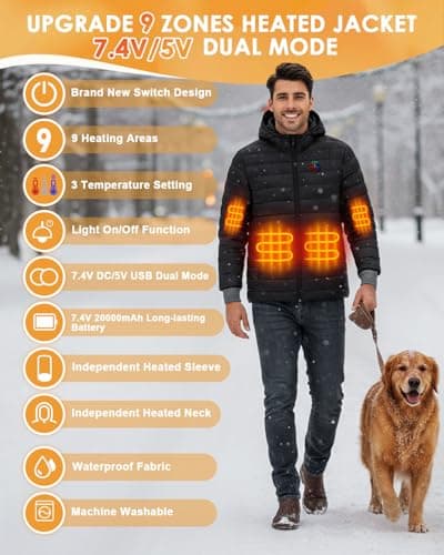 Heated Jacket, 9 Zones & 3 Temperature Levels Usb Heated Down Jacket with 7.4V 20000mAh Power Bank, Upgraded 5 in 1 Heated Gilet Coat for Men Women, Removable Hood, for Outdoor Camping Hiking, XL — view 2
