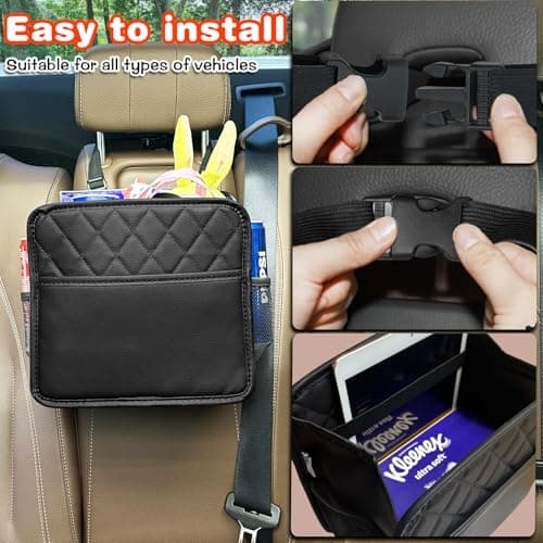 Noaman PU Leather Car Seat Storage Organizer with 3 Pockets Backseat Car Organiser for Kids 2 in 1 Car Trash Bin Bag Can 8 Liters Large Capacity Multifunction Car Essentials interior Accessories Black — view 6