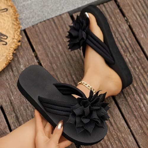 Flower Flip Flops Women Beach Slippers Size 5.5 Boho Open Toe Slip on Flat Sandals Summer Comfortable Yoga Mat Thong Sandals for Pool, Travel Vacation Slippers Flower Black Footwear Gift — view 3