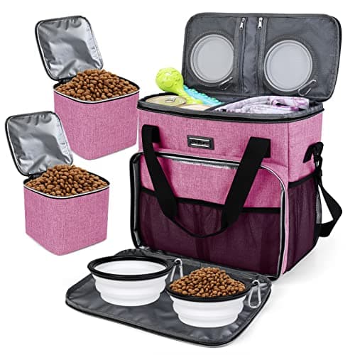 BAGLHER Dog Travel Bag, Pet Travel Bag (ALL Pet Travel Supplies), With 2 Pet Food Containers and 2 Collapsible Silicone Bowls; Essential Kits for Pet Travel Pink