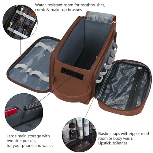 Large Toiletry Bag for Men, PU Leather Travel Toiletry Organizer, Dopp Kit Water-resistant Shaving Bag for Toiletries Accessories Toiletries Organizer Cosmetic Bags, Brown, XL, Toiletry Bag — view 5