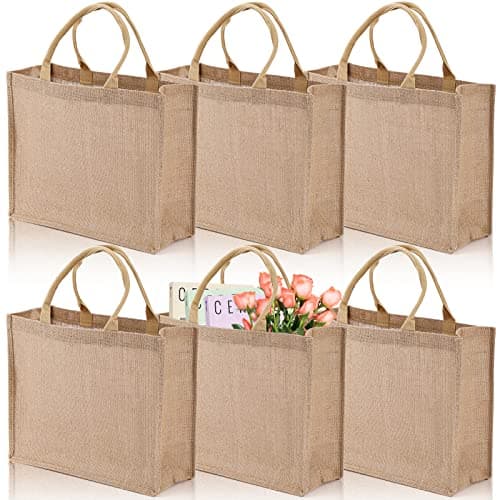 DEAYOU 6 Pack Large Jute Burlap Tote Bag, Jute Beach Bag with Laminated Interior, Burlap Gift Tote with Handle, Reusable Lined Market Grocery Shopping Bag for DIY, Wedding,15.4''x12.2''x5.9''