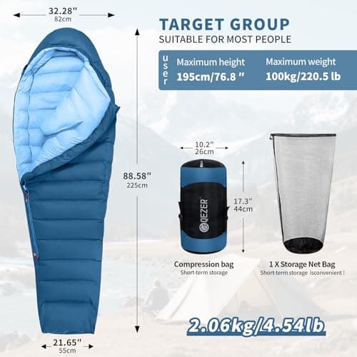 QEZER Winter Sleeping Bag for Adults, Lightweight Down Sleeping Bag -20 Degree C for Cold Weather Camping and Mountaineering Outdoor with 660 FP Duck Down (Blue, 1500g down) — view 2