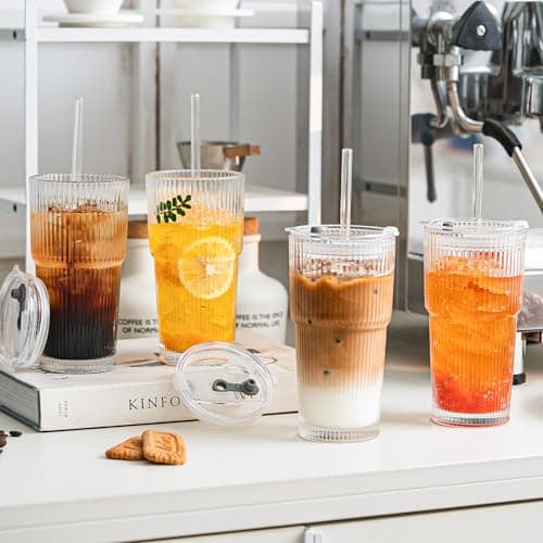 SoulTimes 600ml Glass Cups with Lids and Straws, Ribbed Glass Tumbler for Iced Coffee, Smoothie, Juice & Cold Drinks, Reusable Thick Glassware Set, Elegant Home & Travel Drinkware【2 Pack】 — view 2
