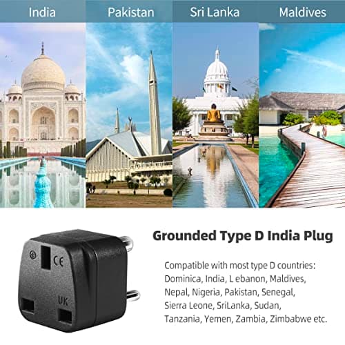 LUKELI 4 Pack UK to India Plug Adapter India Travel Adapter Maldives Plug Adapter for Indian (Black 4 Pack) — view 2