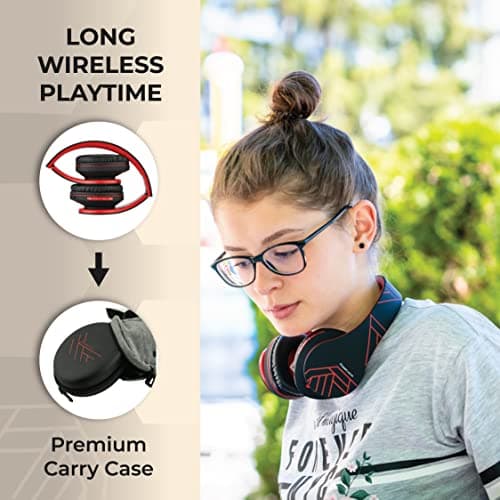 PowerLocus Bluetooth Over-Ear Headphones, Wireless Stereo Foldable Headphones Wireless and Wired Headsets with Built-in Mic, Micro SD/TF, FM for iPhone/Samsung/iPad/PC (Black/Red) — view 4