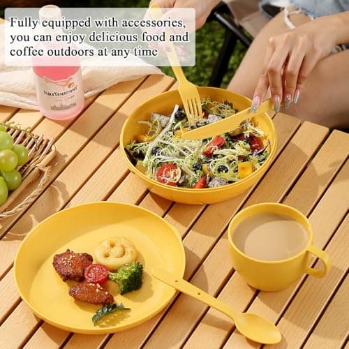 Berglander Camping Mess Kit with Bowl, Plate, Cup, Spoon, Fork, Knife and Carry Bag, Save Space, Easy to Carry, Plastic Camping Essentials Utensils for Travel, Picnic, Outdoor (Gold Yellow) — view 4