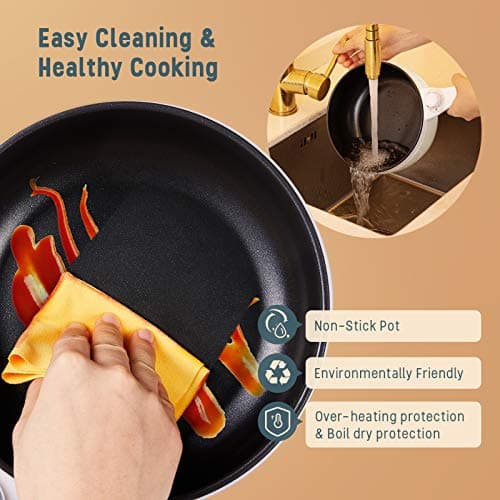 Vocha Electric Hot Pot, 1.5L Mini Portable Electric Pan Non-Stick, Multi-Cooker with Lid for Travel/Dormitory, Silicone Spatula Included (Beige) — view 4