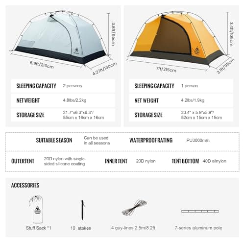 OneTigris Stella 4 Season Camping Tent Backpacking 1/2 Person Waterproof Lightweight Easy Setup Instant 3000mm Waterproof Rating Outdoor Hiking Tent (2P Green) — view 3