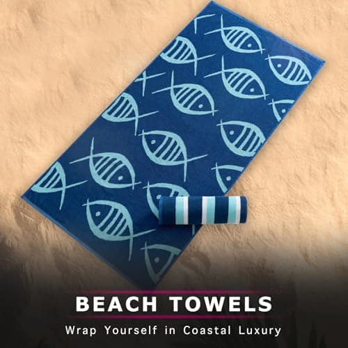 CASA COPENHAGEN Miami Towel 2Pcs Fish Blue - Blue Stripe Designer Stripe Beach Towels Gift Set, 76 x 152 cm, Oversized 100% Cotton Pool Bath Towel for Beach Gift Set (Summer Gift Set For Women & Men) — view 2