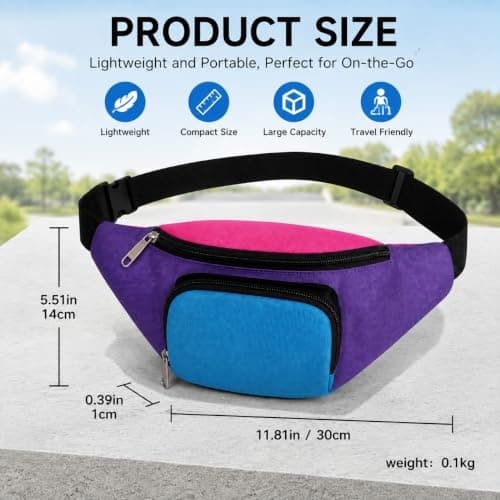 80s Retro Neon Bum Bag for Women Men, Bright Bumbag with 2 Zipped Pockets, Adjustable Waist Bag Crossbody Fanny Pack for Festivals Raves Fancy Dress Travel, 80s Accessories for Women — view 2