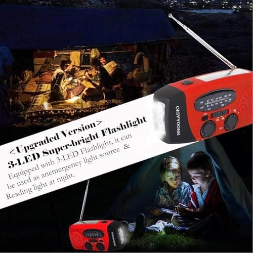 2000mAh SOS Alarm Emergency AM FM Weather Radio, 3LED Type-C Hand Crank Solar Battery Operated Portable Wind Up Radio Flashlight, Cell Phone Charger Survival Kit (Red) — view 6