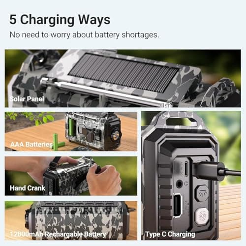 Emergency Hand Crank & Solar Powered Radio with USB Phone Charger, 12000mAh Battery, AM/FM/SW, SOS Alarm, and Flashlight – Portable Survival Radio for Outdoor Adventures (Camouflage Gray) — view 3