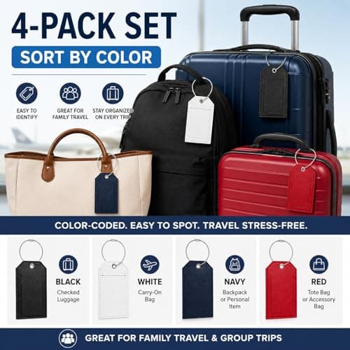 Redamancy 4 Pcs Luggage Tags, Leather Suitcase Tags, Baggage Tags with Adjustable Strap Privacy Protection Cover for Preventing Loss of Bags and Suitcases(Black, Red, White, Blue) — view 3