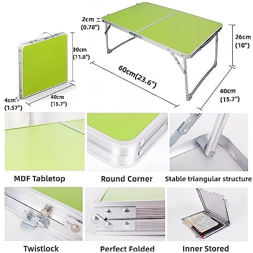 Qimu Small Folding Table Lightweight Aluminium Folding Camping/Picnic/Travel Table, Laptop Bed Table,Portable Table for indoor/Outdoor Use(Green,60cm) — view 3