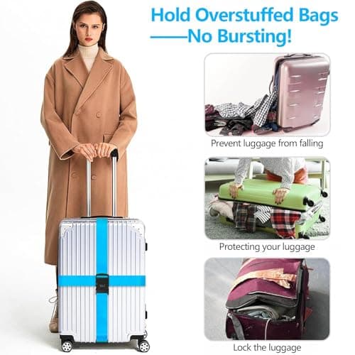 KIMHOME 2Pcs Suitcase Strap, Adjustable Non-Slip Eye-catching Quick Recognition Suitcase Strap with Combination Lock for Travel and Air Travel Moving (Sky Blue) — view 4