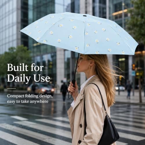 Compact Umbrella, Sky Blue Floral, Manual Opening, 8 Ribs, 270 g, 1 Pack — view 4