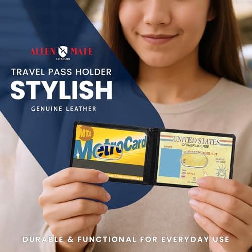 ALLEN & MATE 100% Leather Travel Card Holder - Slim Minimalist Wallet for Travel Bus Pass ID License Oyster Card for Men & Women (Black Premium) — view 2