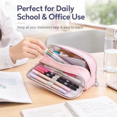 Large Capacity Pencil Case 3 Compartment Pouch Pen Bag for School, Pink — view 3