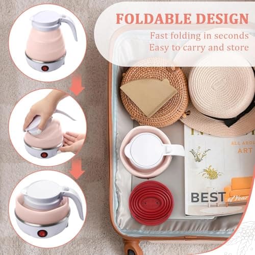 Foldable Electric Travel Kettle,600ml Portable Kettle Silicone Collapsible Heating Water Boiler Tea Pot for Camping,Easy for Storage with Separable Power Cord (Pink) — view 2